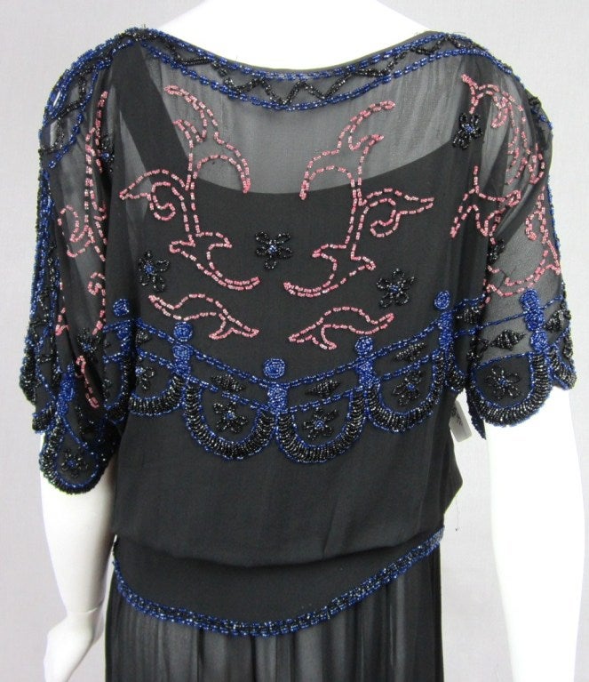  1920s Silk Black Multi Colored Beaded Drop Waisted Dress For Sale 5