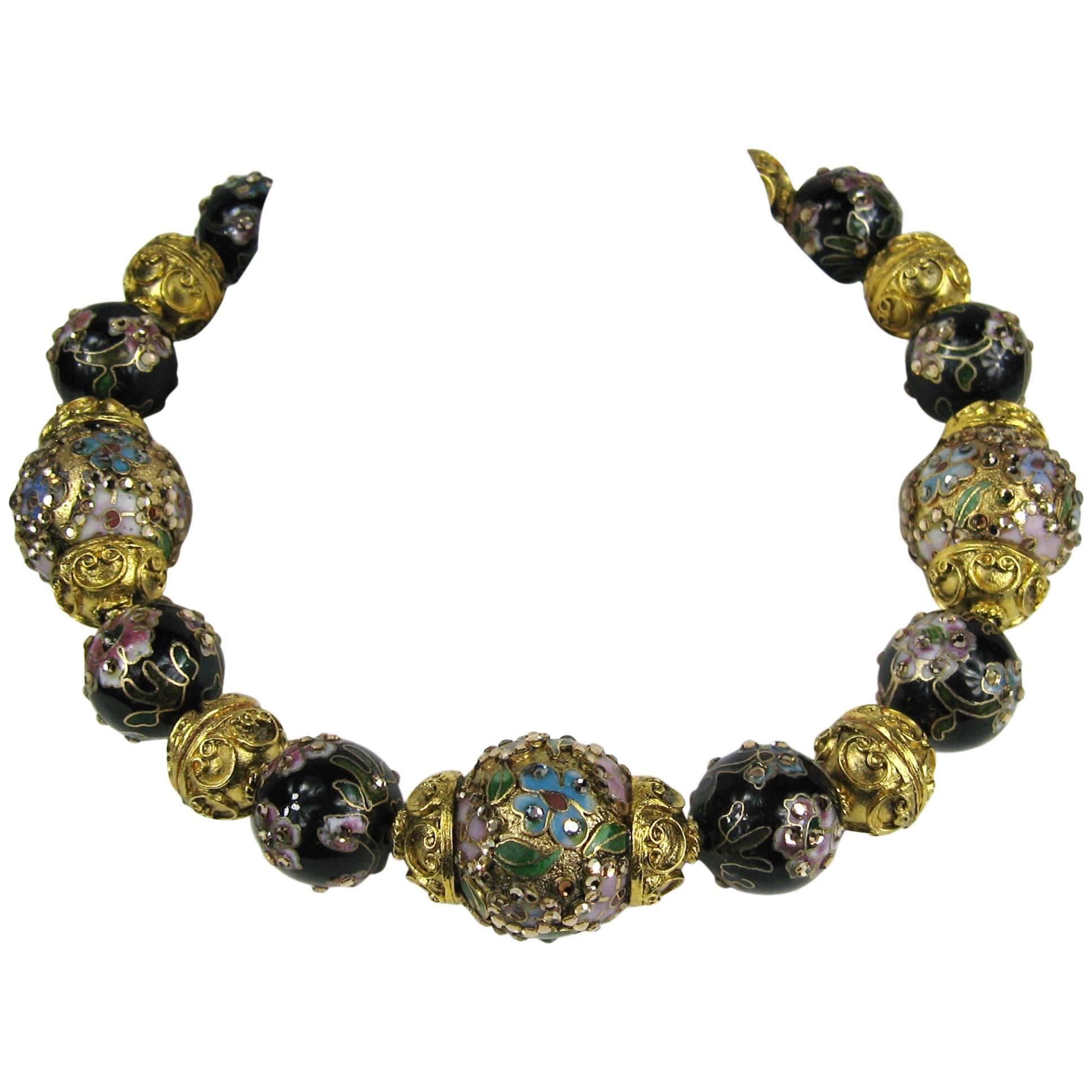 Barrera Couture Collana di perline in ceramica placcata oro 1980 Mai indossata