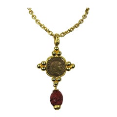 Vintage 1990s Philippe Ferrandis Gold Cinnabar Drop Necklace New Never worn 