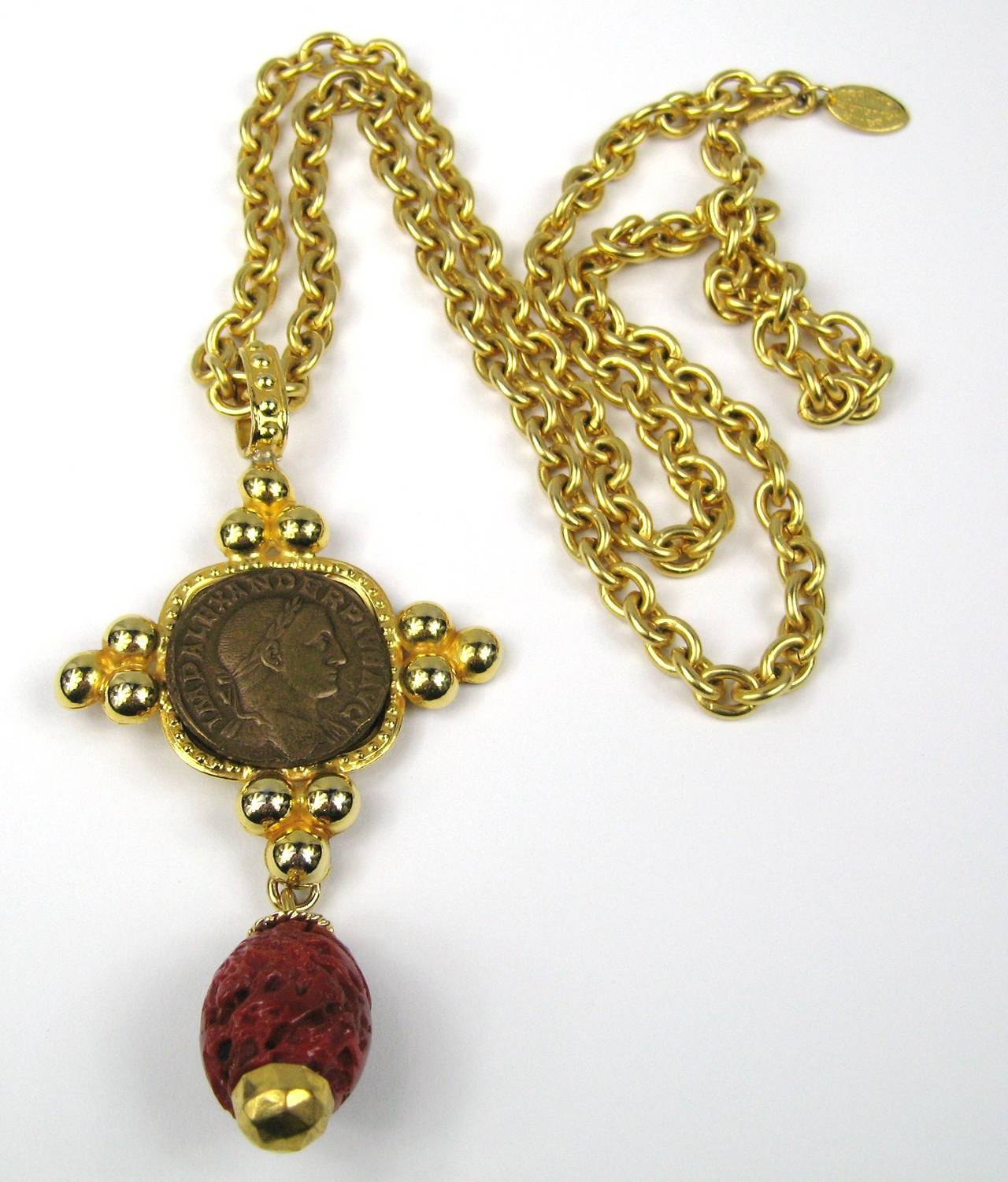 1990s Philippe Ferrandis Gold Cinnabar Drop Necklace New Never worn  In New Condition For Sale In Wallkill, NY