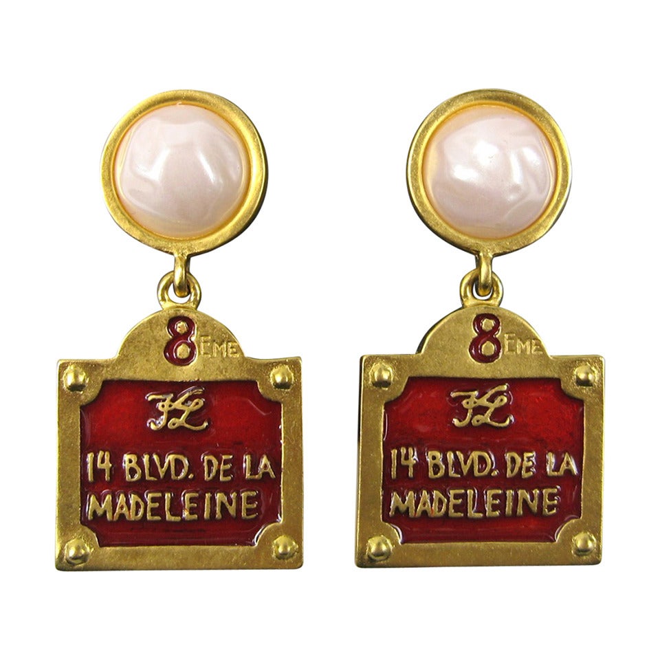 Karl Lagerfeld Gilt Enameled Earrings 14 Blvd De La Madeleine New, Never Worn