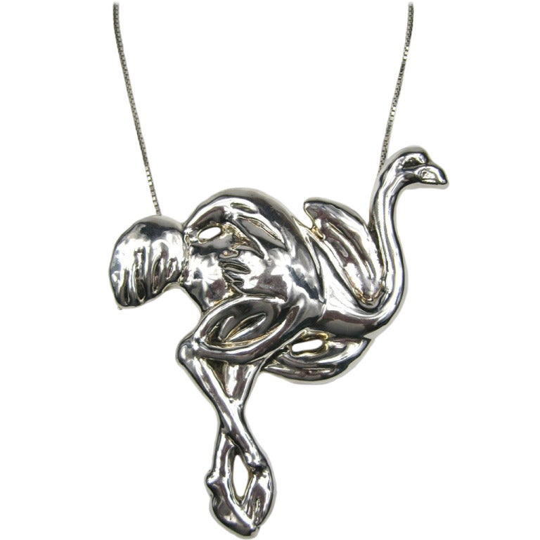 Massive Sterling Silver Bird Pendant Brooch Necklace 
