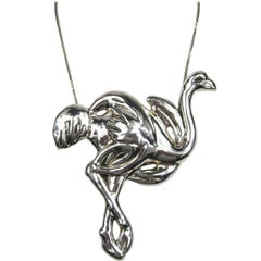 Vintage Massive Sterling Silver Bird Pendant Brooch Necklace 