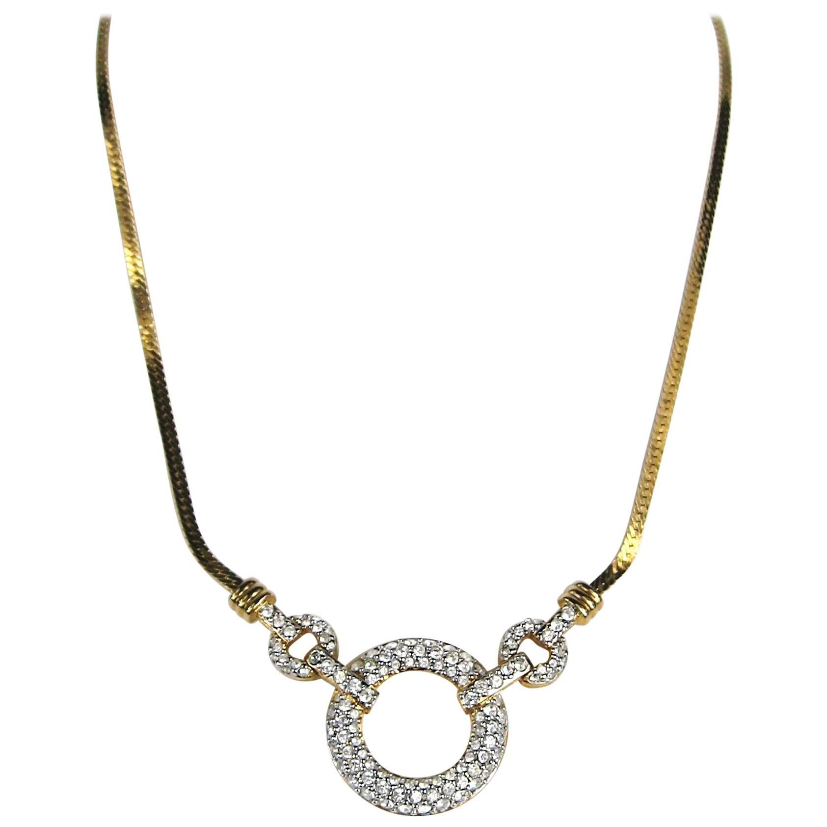 SWAROVSKI Crystal Gold Gilt Drop Necklace Circle New, Never Worn 1980s