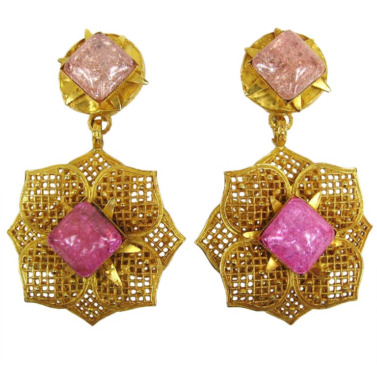 1990s Philippe ferrandis Pink Gripoix Glass Dangle Earrings New Never worn  For Sale