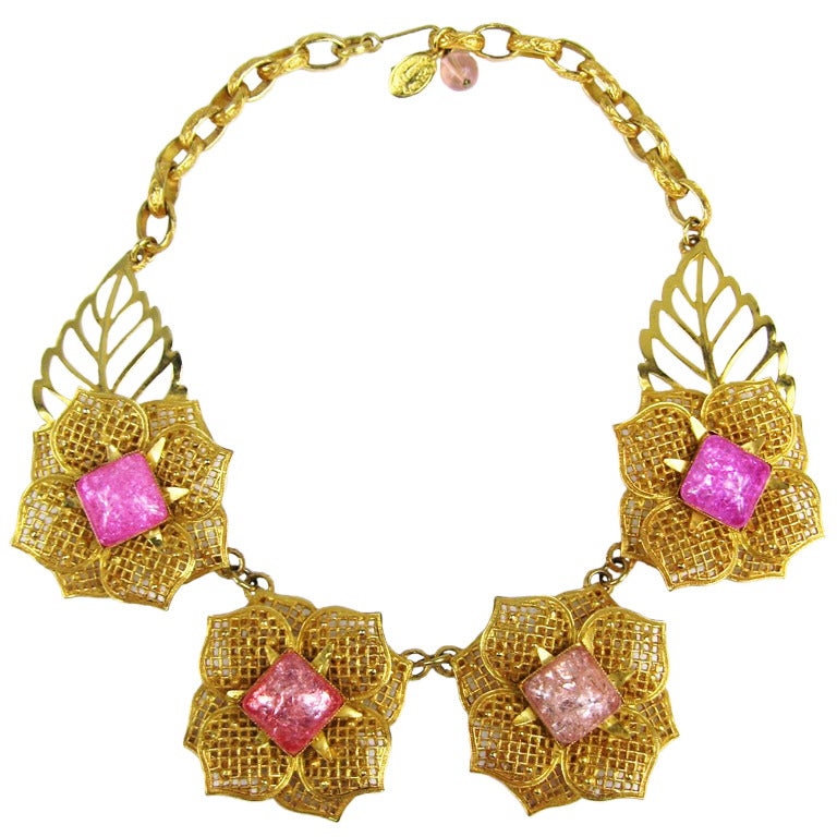 1990s Philippe Ferrandis Pink Floral Gripoix Glass Necklace & Earring Set 