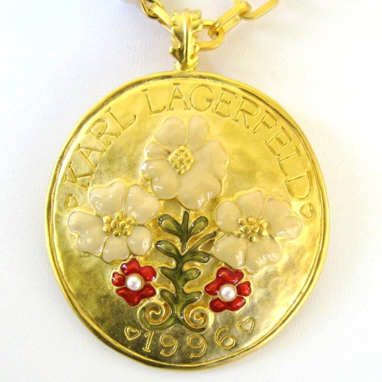 Women's 1990's Karl Lagerfeld Enamel Floral Disc Pendant Necklace New Never Worn  For Sale