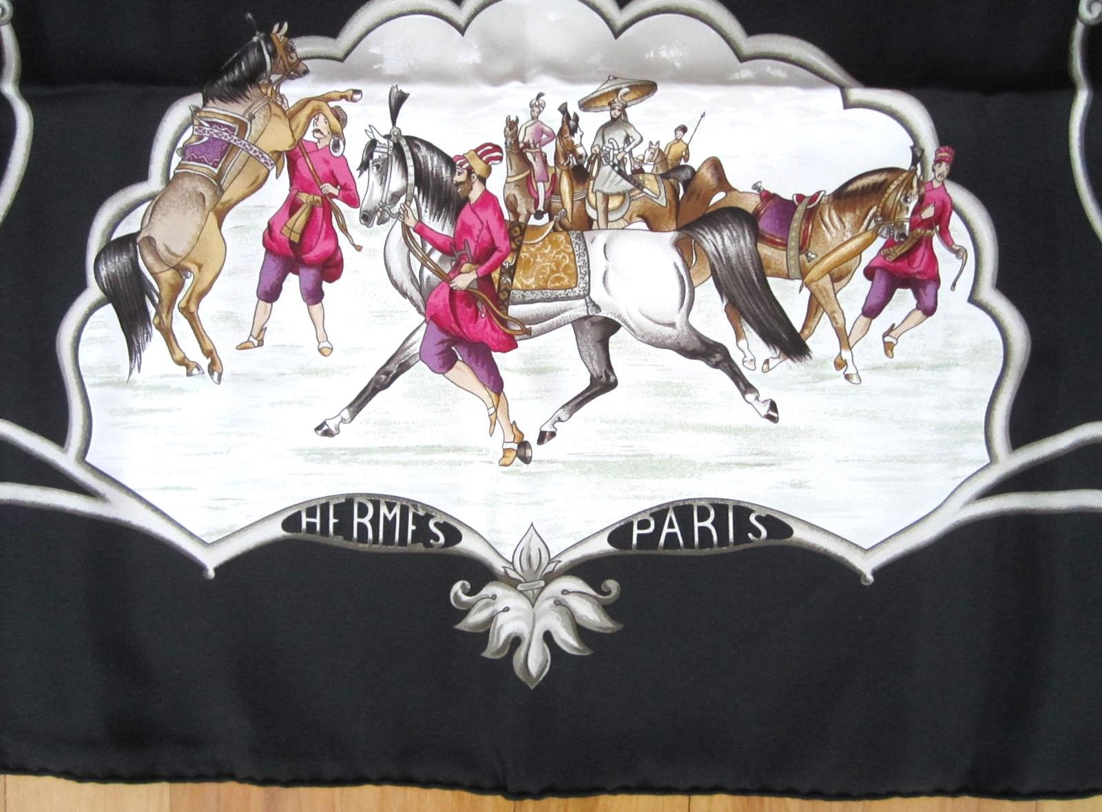 Black Hermes silk scarf  New, Never Worn Chevaux des Moghols In Box 