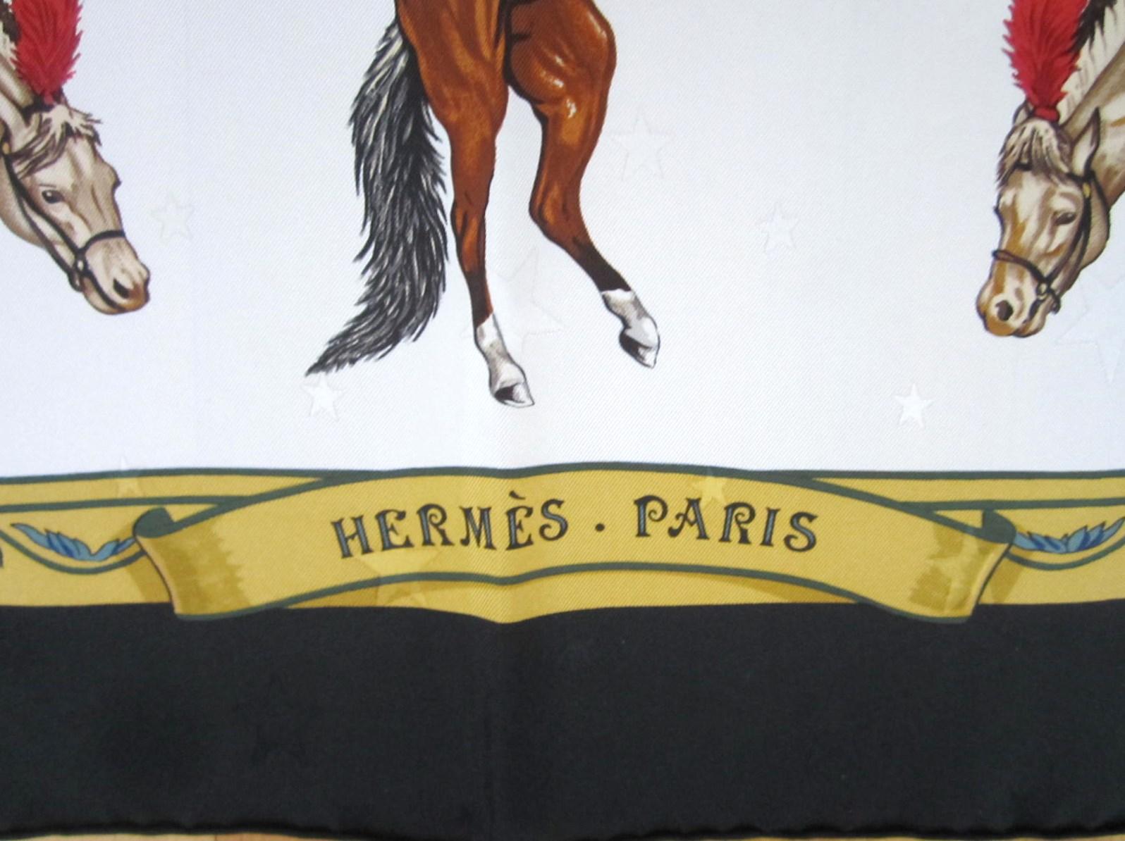 Women's or Men's Hermes Silk Scarf EN PISTE Horses Robert Dallet 1990s New, Never Worn 