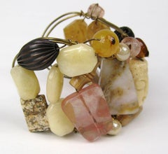 Vintage Asian Natural stone Bone Face Large Cuff Bracelet