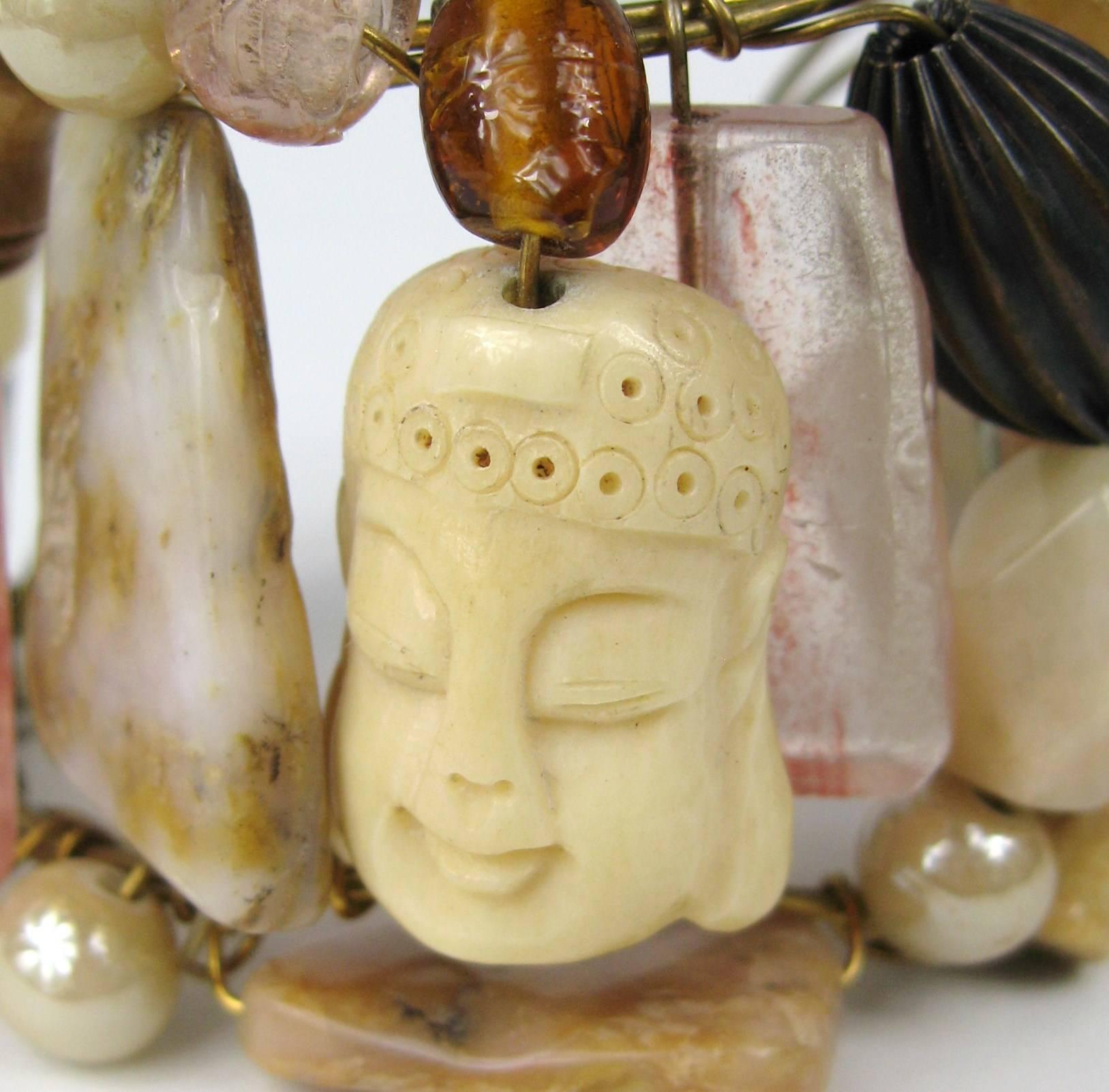 Artisan Vintage Asian Natural stone Bone Face Large Cuff Bracelet For Sale