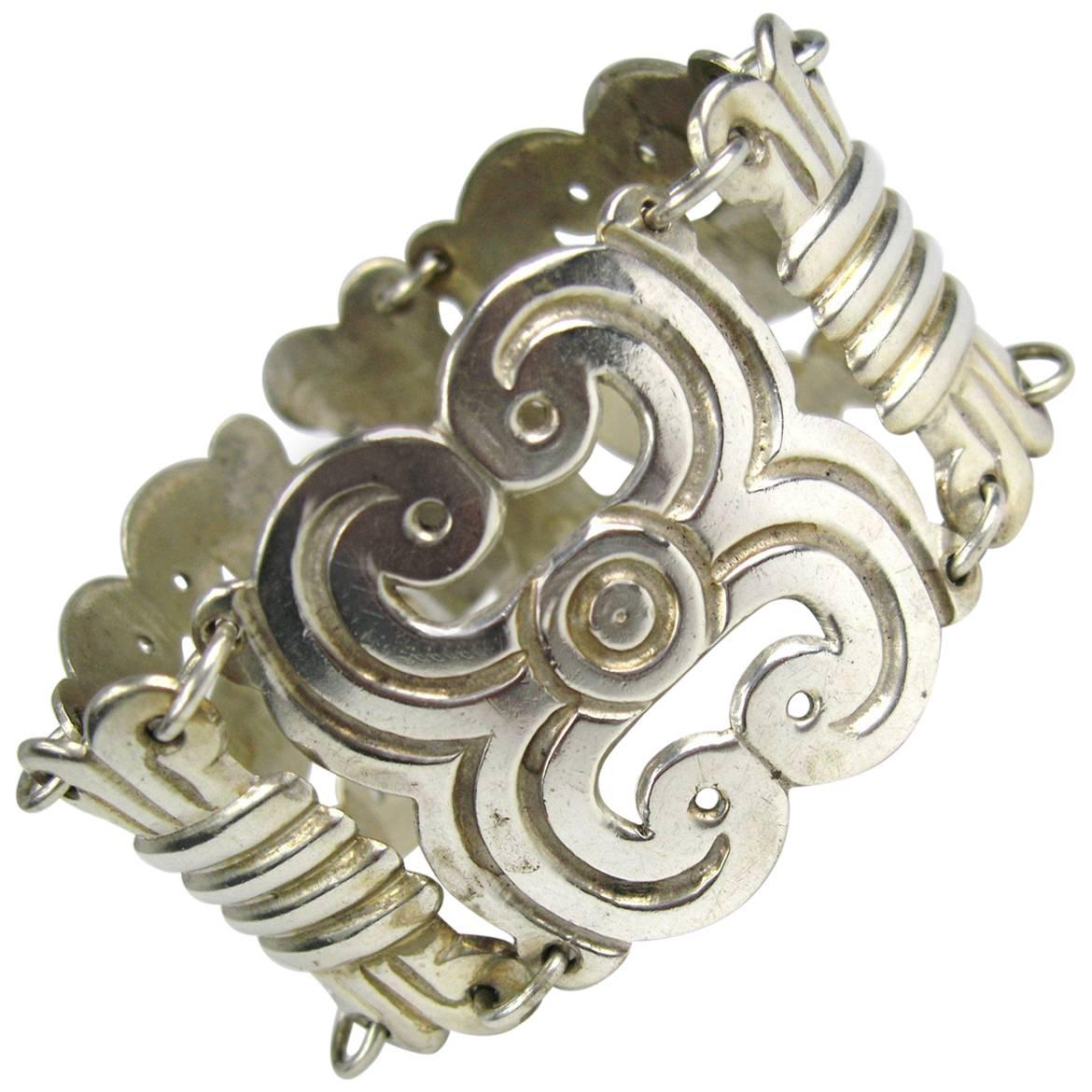 Sterling Silver Large Mexican Paneled Bracelet 1960s  For Sale