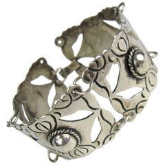 Bracelet mexicain vintage à larges panneaux en argent, années 1960 