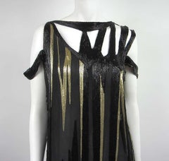 Bob Mackie 1980s Gold and Black Beaded asymmetrical Disco Baby dress
