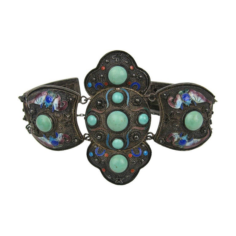 Chinese Enamel Turquoise Silver link  Bracelet For Sale