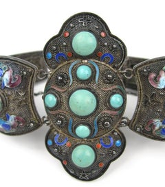 Chinese Enamel Turquoise Silver link  Bracelet