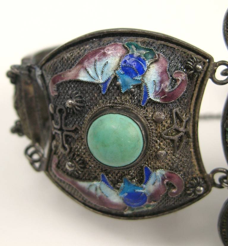 Cabochon Chinese Enamel Turquoise Silver link  Bracelet For Sale