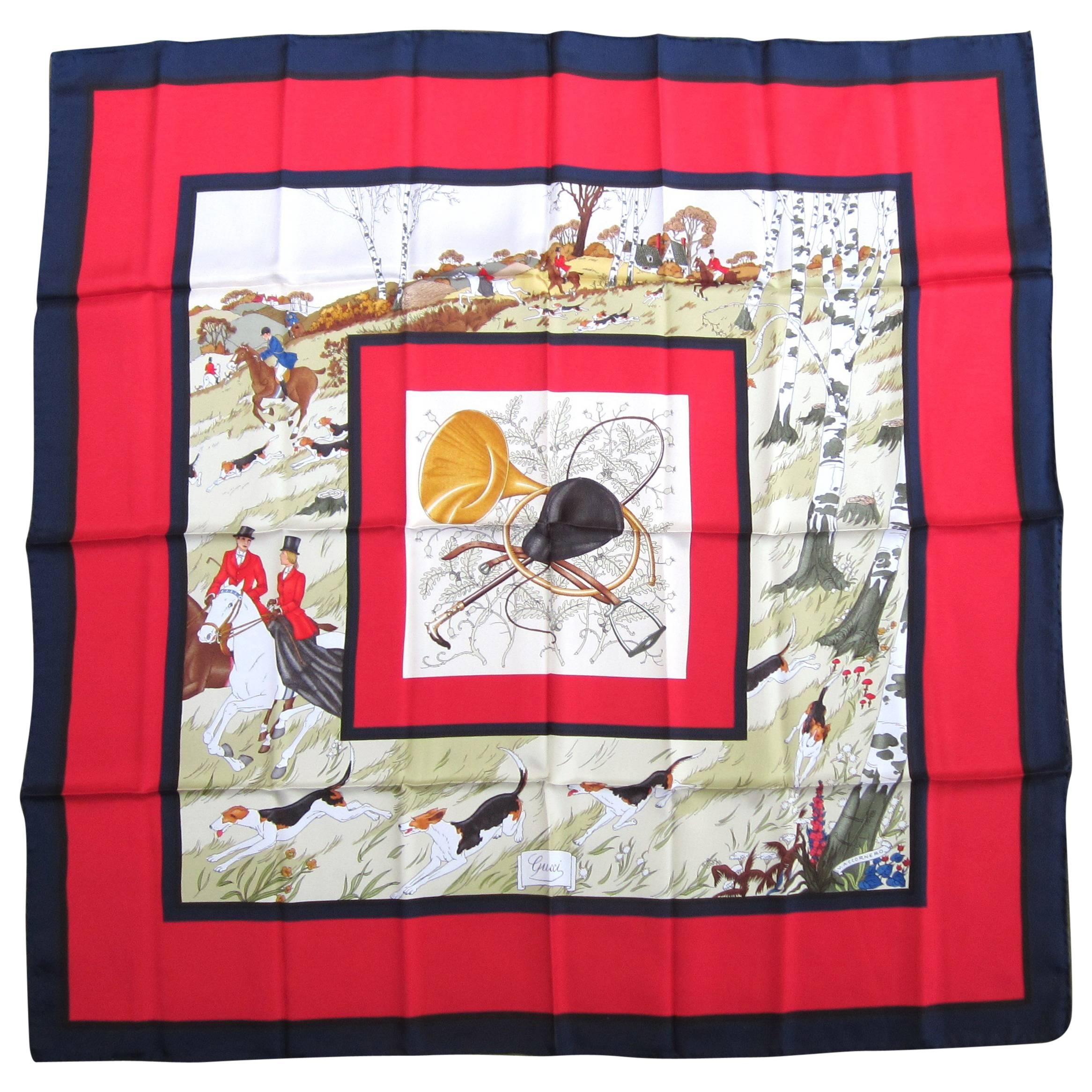 GUCCI New Never Worn Silk Scarf V. Accornero Hunting Motif 1980's-90s For Sale