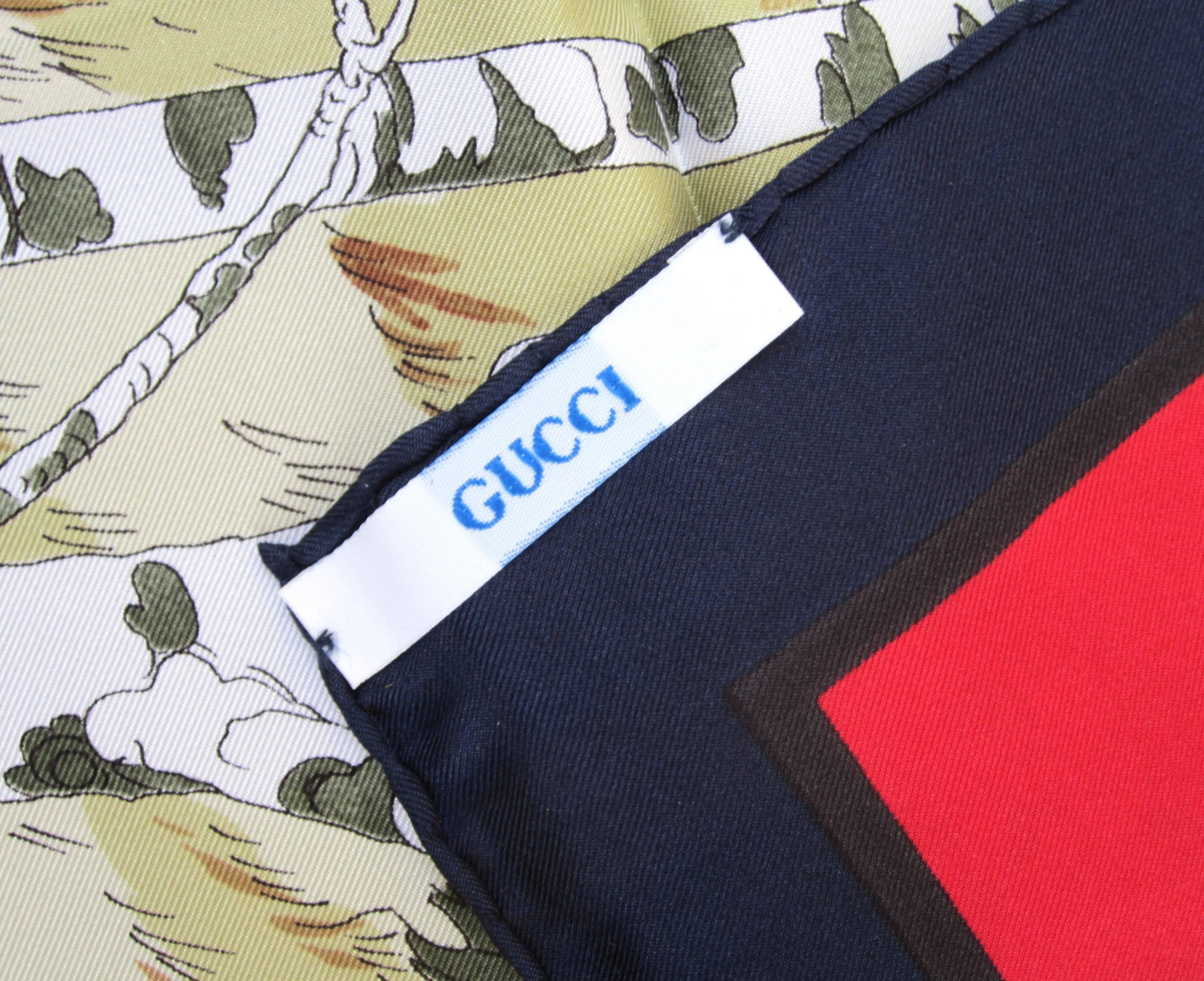 GUCCI New Never Worn Silk Scarf V. Accornero Hunting Motif 1980's-90s  Unisexe en vente