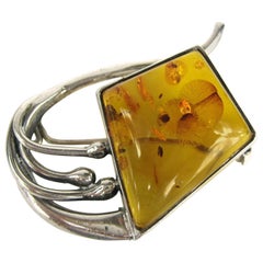 Vintage Modernist Sterling Silver Amber Pin Brooch