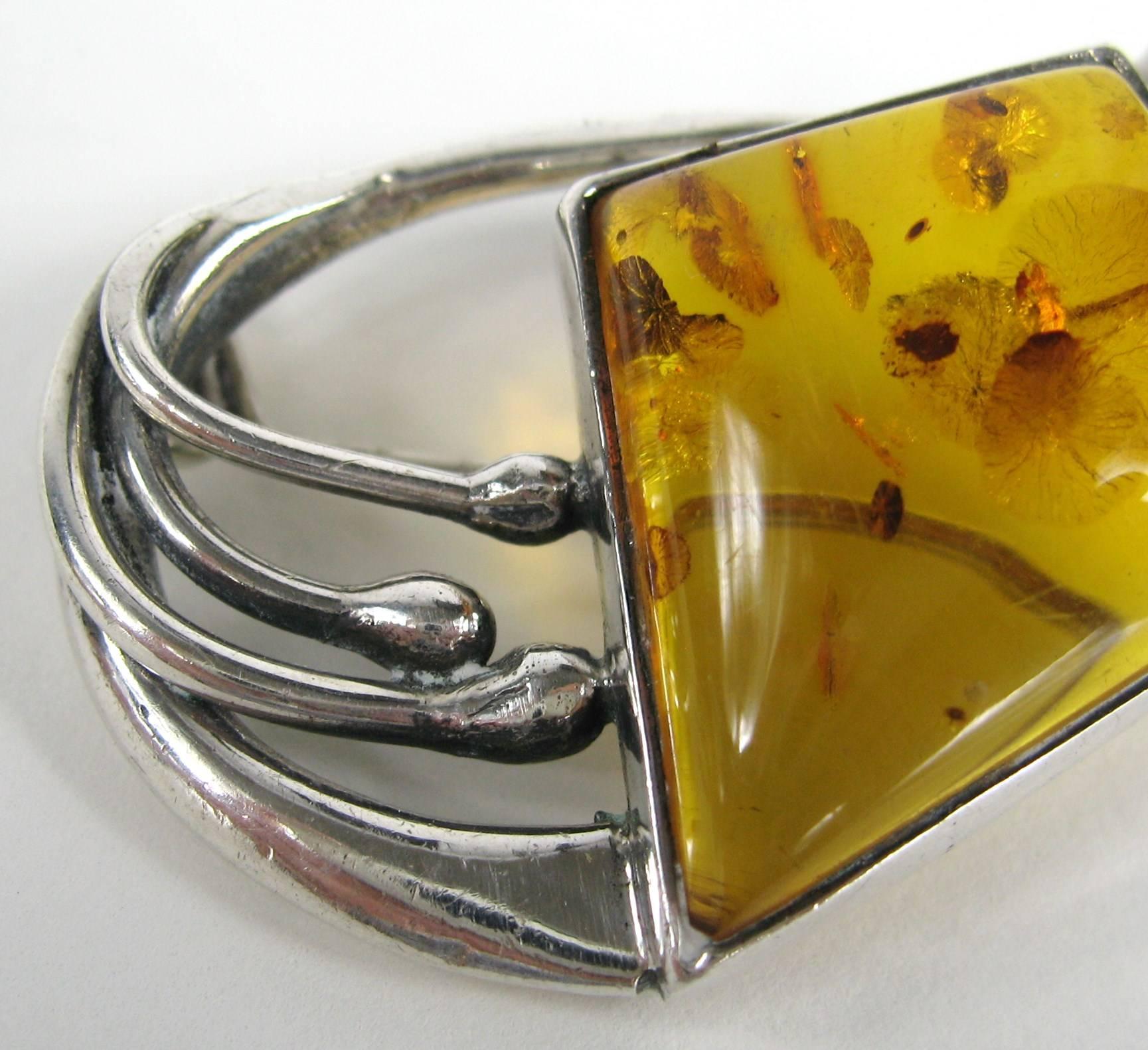 Modernist Sterling Silver Amber Pin Brooch  In Excellent Condition For Sale In Wallkill, NY