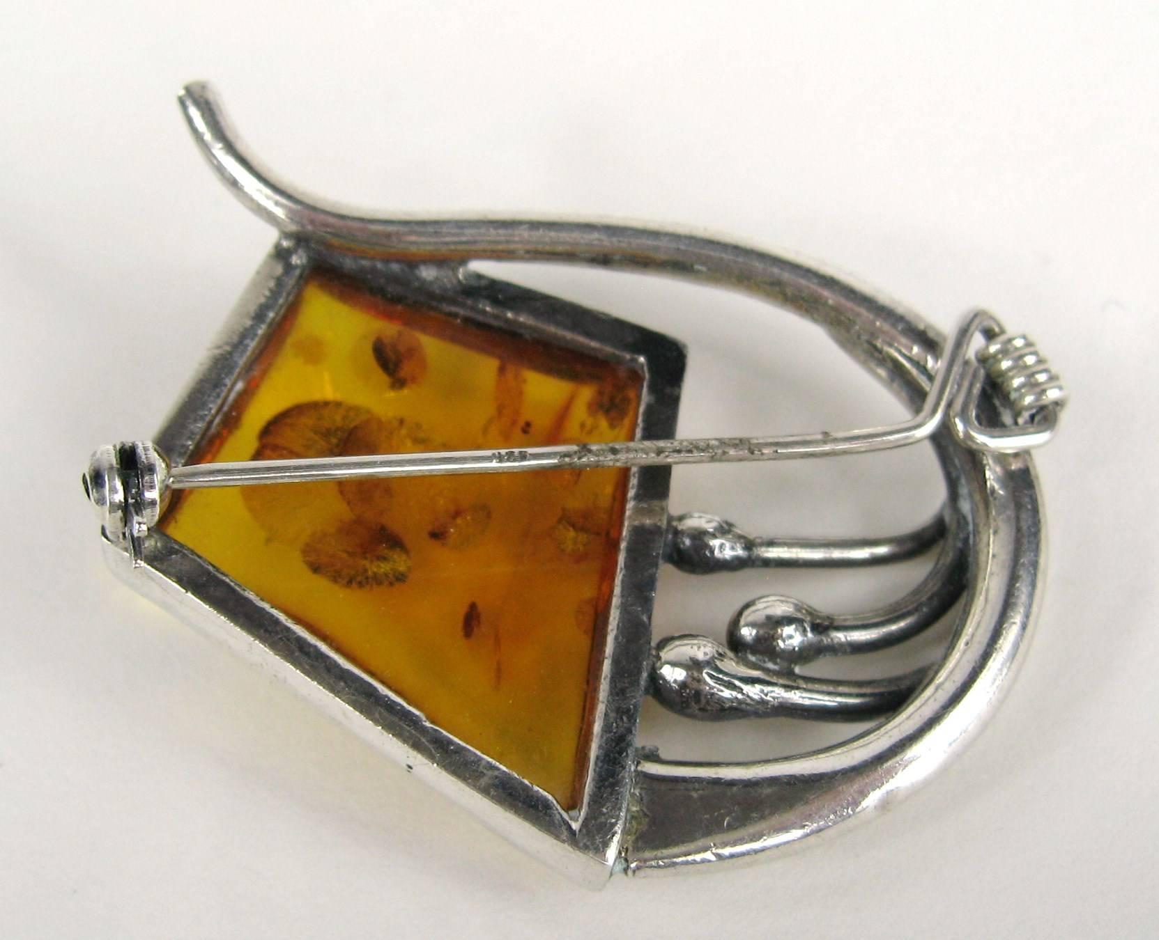Women's Modernist Sterling Silver Amber Pin Brooch  For Sale