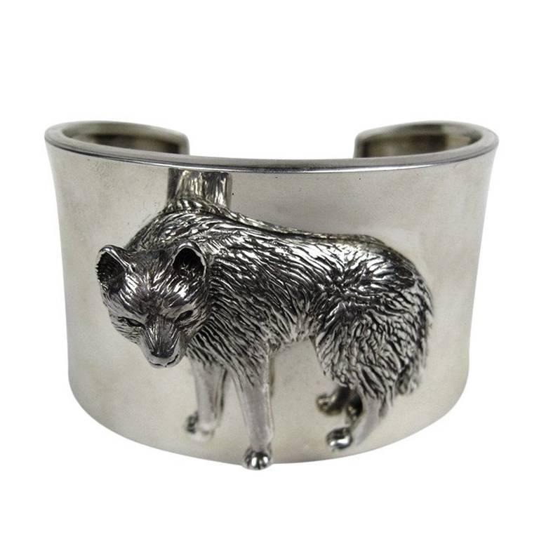 1990s Sterling Silver Carol Felley 3-D WOLF wide Cuff Bracelet Never worn 