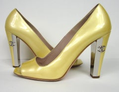 Chanel Patent Leather Open Toe Shoe Yellow with CC logo