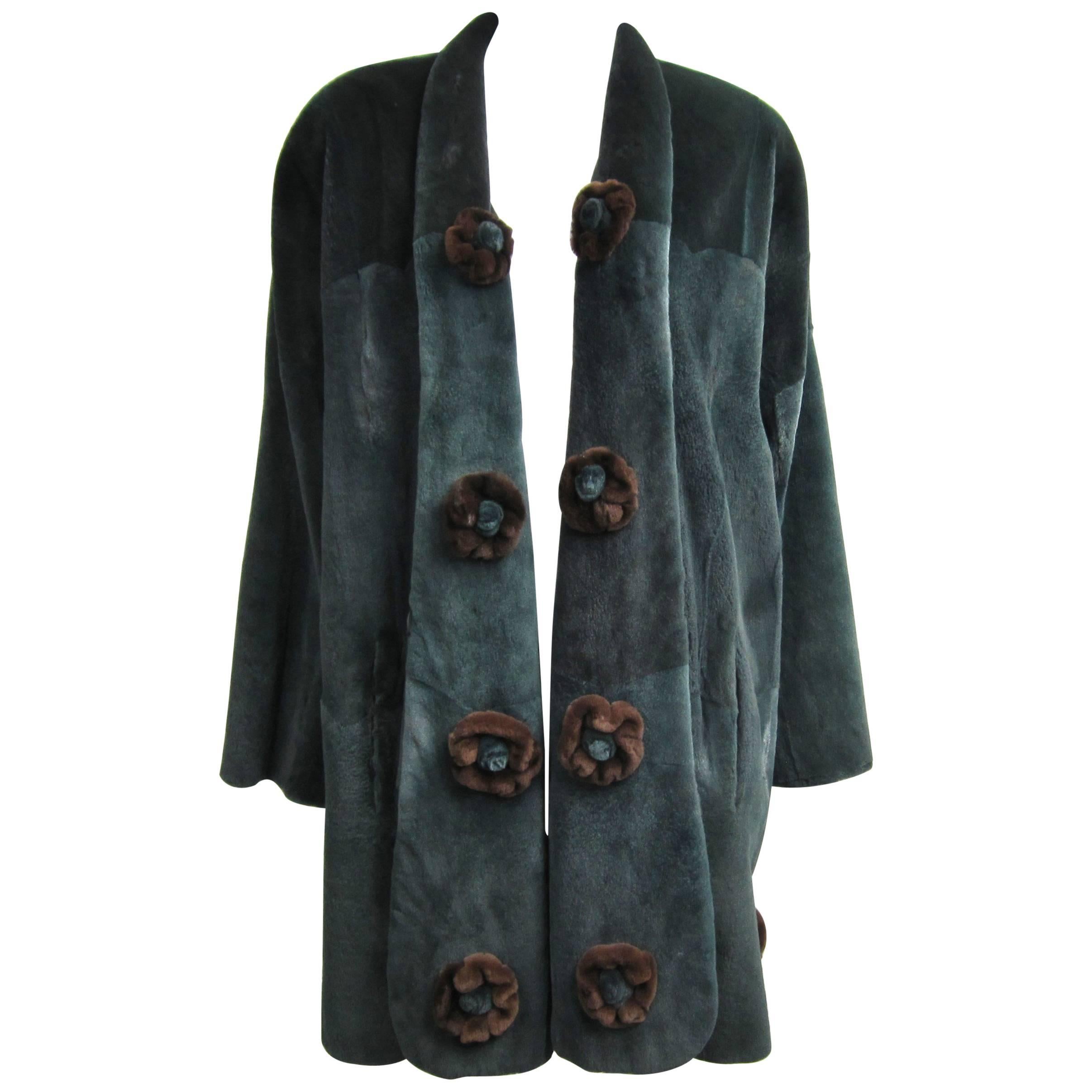 Sheared Teal Green Mink Fur Swing Coat O/S w brown Rose Large Shawl collared 