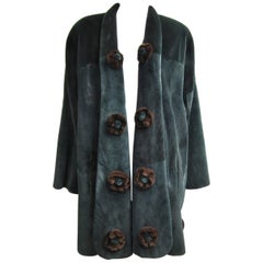 Sheared Teal Green Mink Fur Swing Coat O/S w brown Rose Large Shawl collared