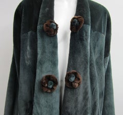Sheared Teal Green Mink Fur Swing Coat O/S w brown Rose Large Shawl collared
