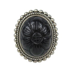 Vintage Sterling Ring Stephen DWECK carved Blue Goldstone Flower New, Never Worn 