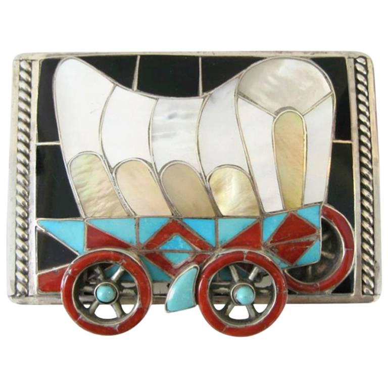 Native American Helen & Lincoln Zunie Wagon Sterling Silver Belt Buckle For Sale