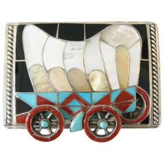 Native American Helen & Lincoln Zunie Wagon Sterling Silver Belt Buckle