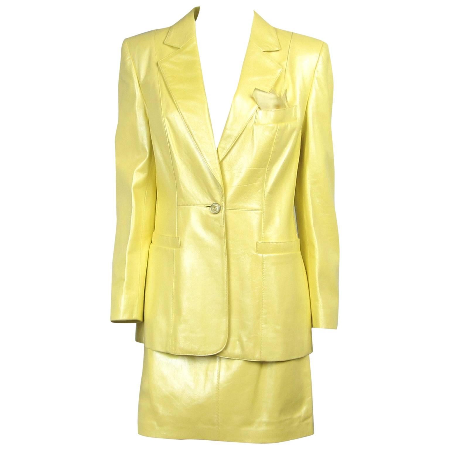 1990s ESCADA Pearl YELLOW Leather JACKET & SKIRT New, Never Worn 