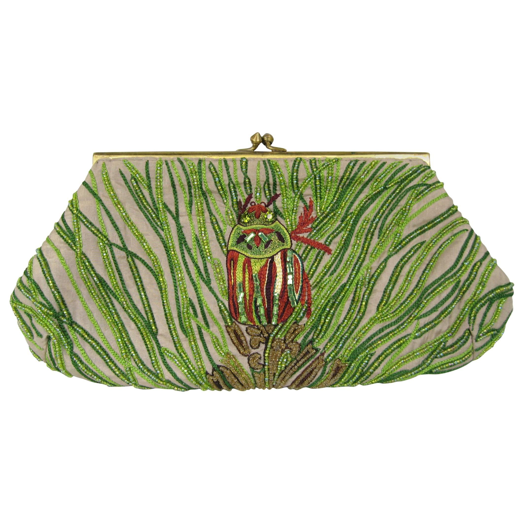 Green Beaded Art Deco Inspired Owl Silk Handbag Clutch  For Sale