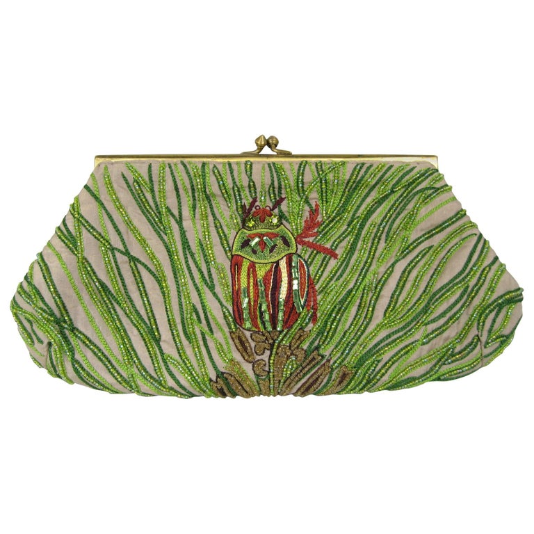 Green Beaded Art Deco Inspired Owl Silk Handbag Clutch For Sale at