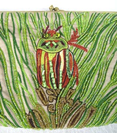 Beaded Owl Silk Handbag Clutch Green Art Deco Inspired