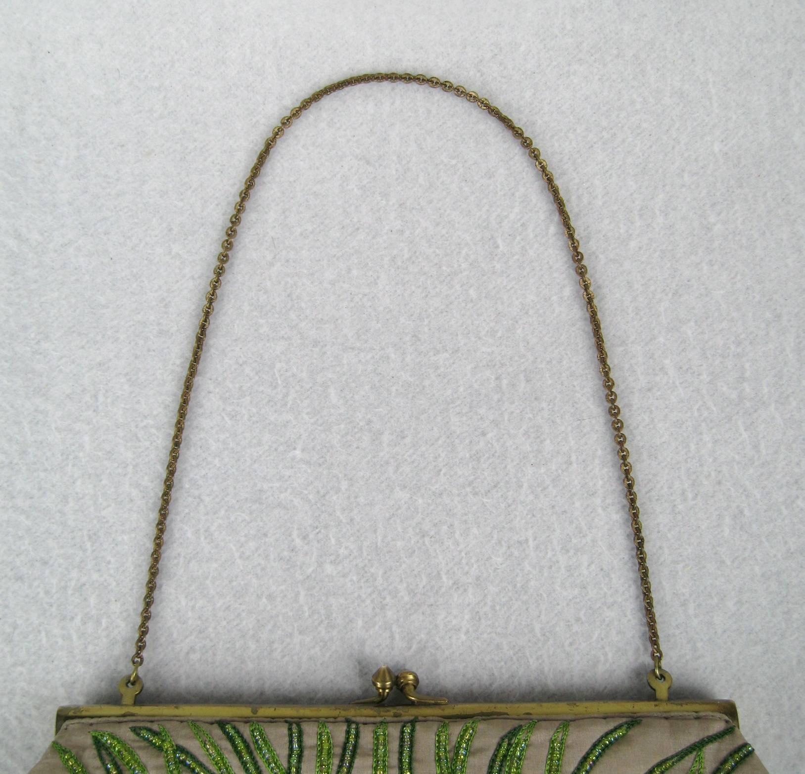 Brown Green Beaded Art Deco Inspired Owl Silk Handbag Clutch  For Sale