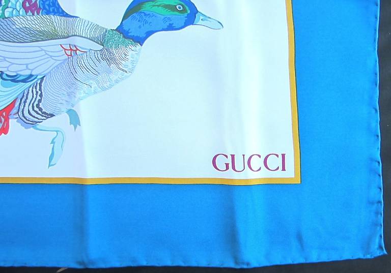 Blue Gucci Silk blue Scarf Flock of Flying birds, NEW, Never worn 1990's