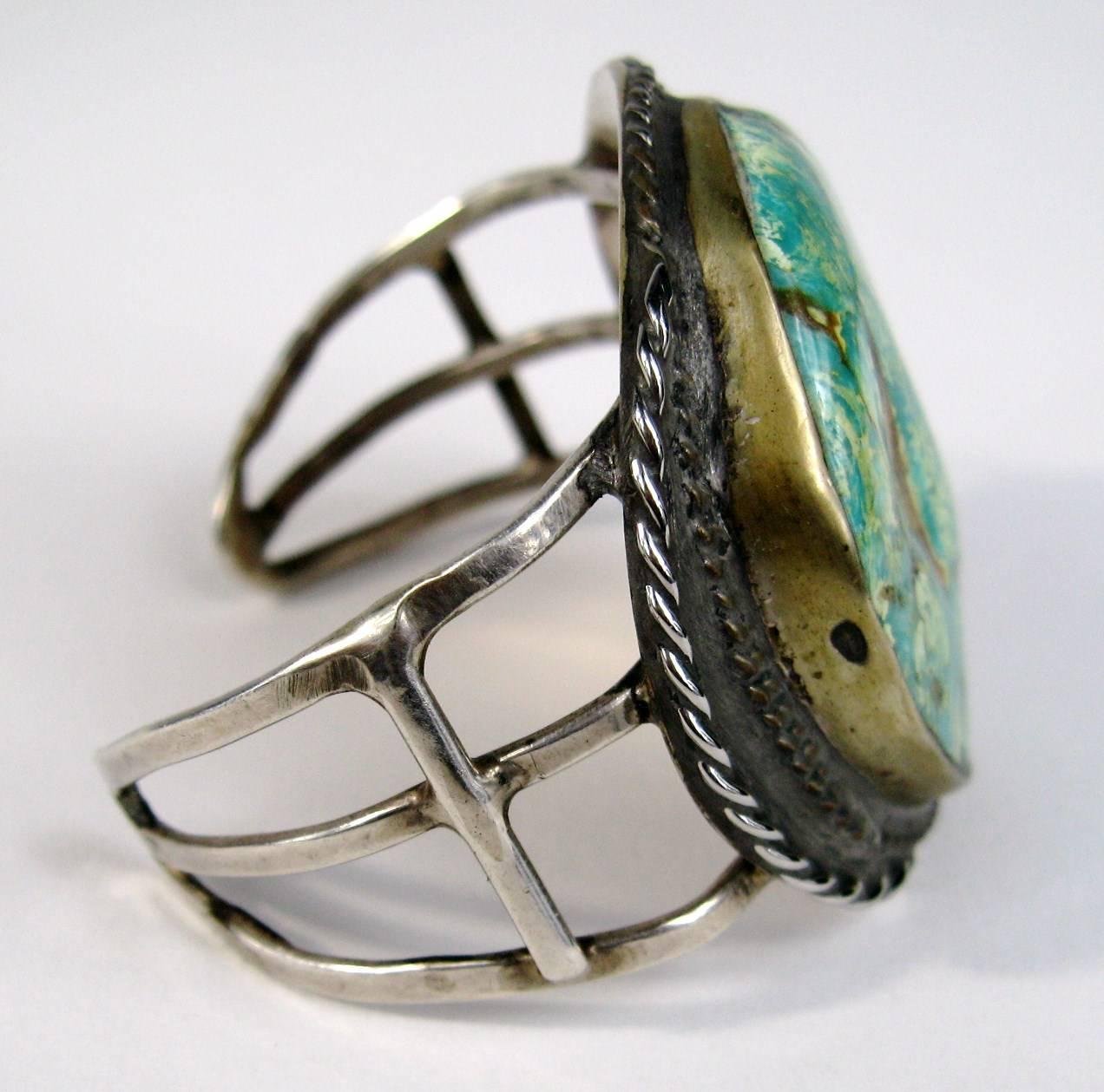 Sterling Silver Native American Turquoise Navajo Cuff Bracelet Old Pawn In Good Condition In Wallkill, NY