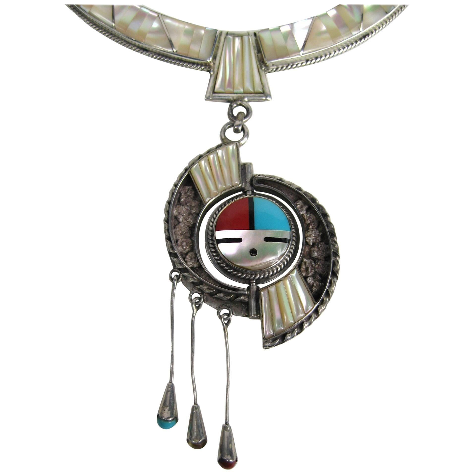 Zuni Sterling Silver Coral Turquoise Cluster Reversible Pinwheel Spinner Pendant 