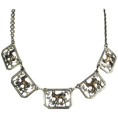 VIntage Sterling Silver 3-D Panel Deer Floral Necklace