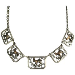 VIntage Sterling Silver 3-D Panel Deer Floral Necklace 