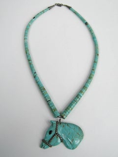 Turquoise Sterling Silver NATIVE American Horse Head Beaded Pawn Necklace