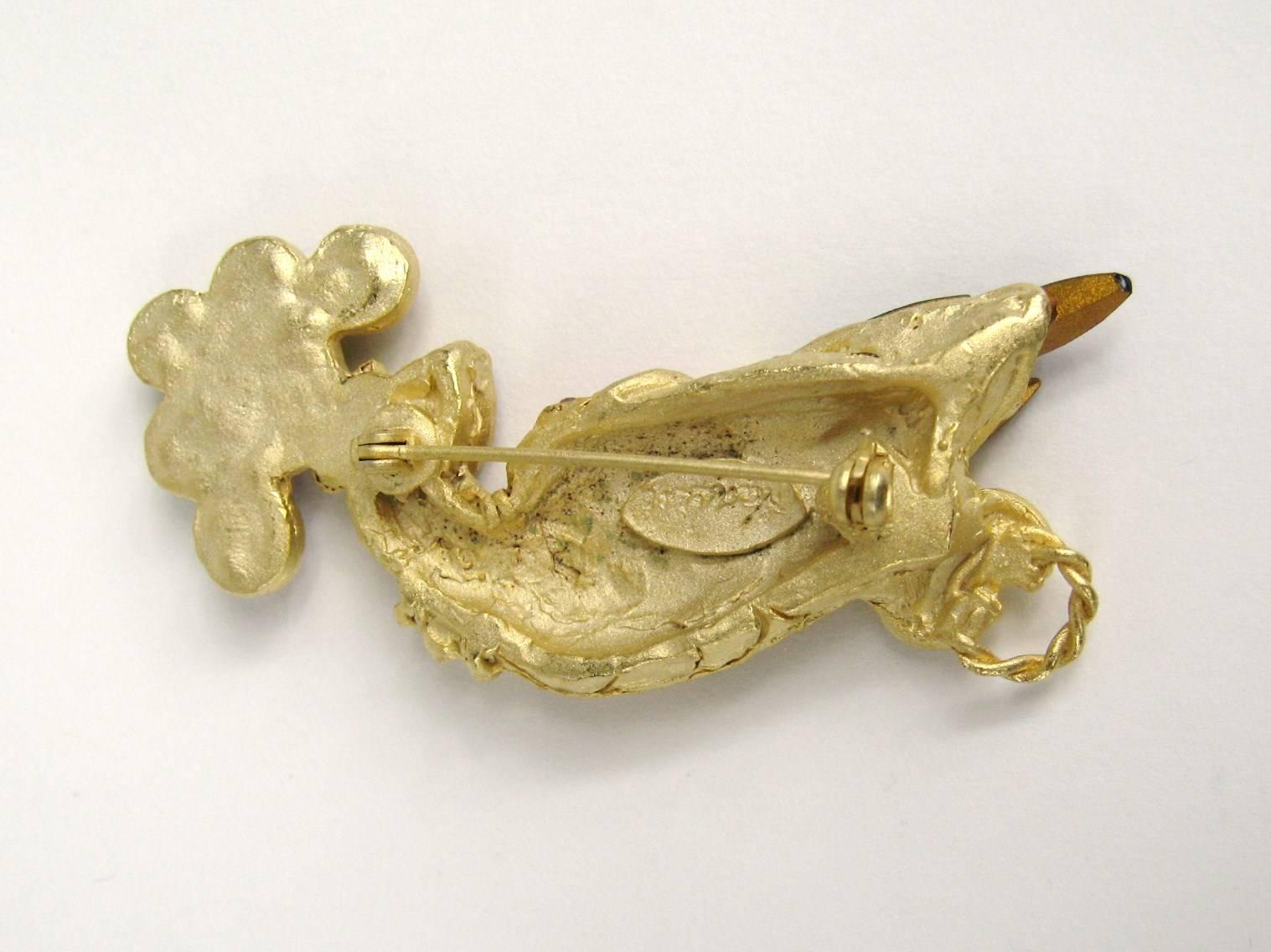 Mixed Cut  Crystal Peacock Gold gilt Brooch New, Never worn 1990s  For Sale