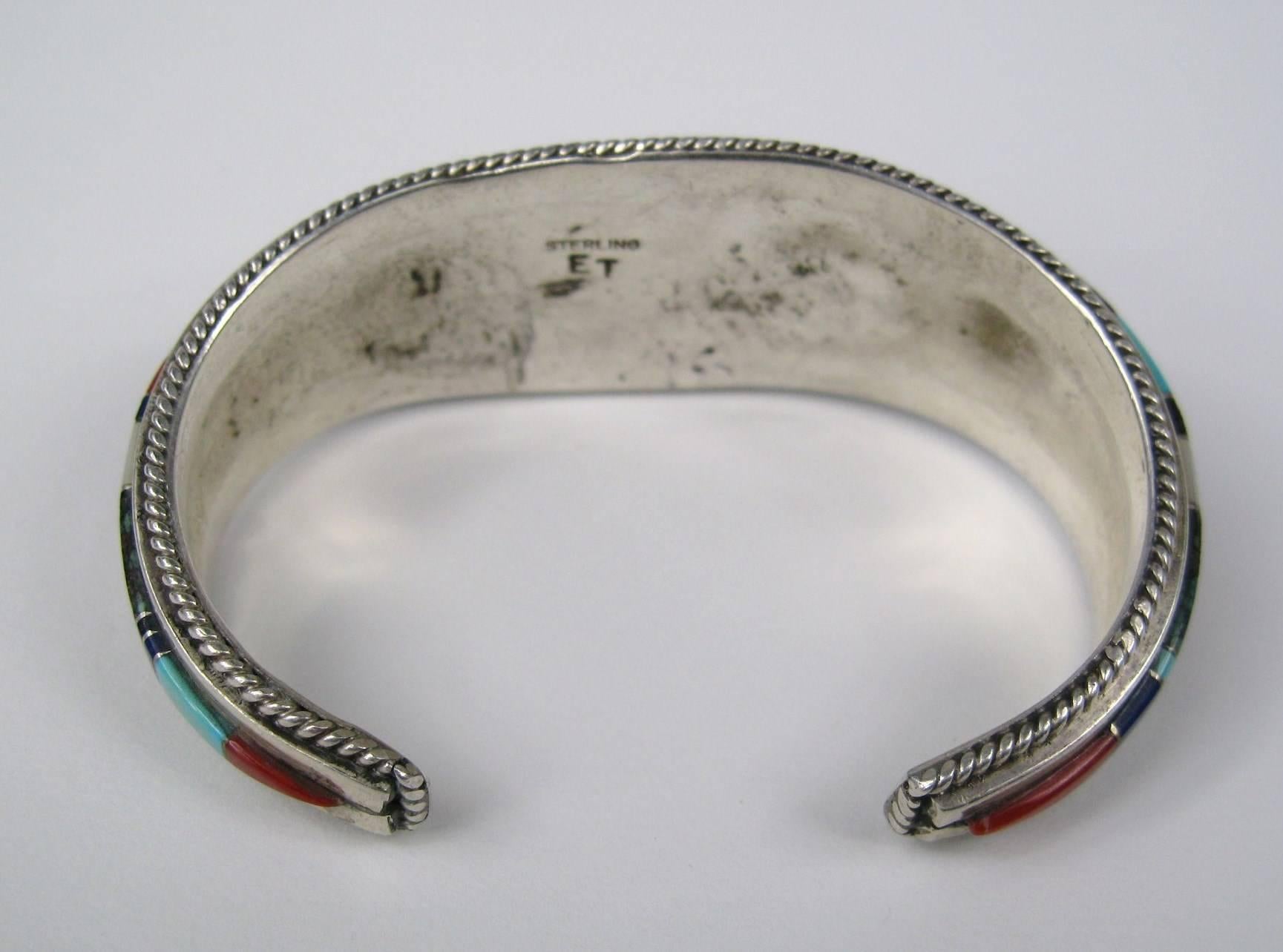  Sterling Silver Turquoise Lapis Coral Cuff Native American Zuni Bracelet In Excellent Condition For Sale In Wallkill, NY