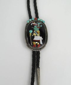 Sterling Silver Native American Turquoise & Coral Zuni Dancer Bolo Tie 1970s