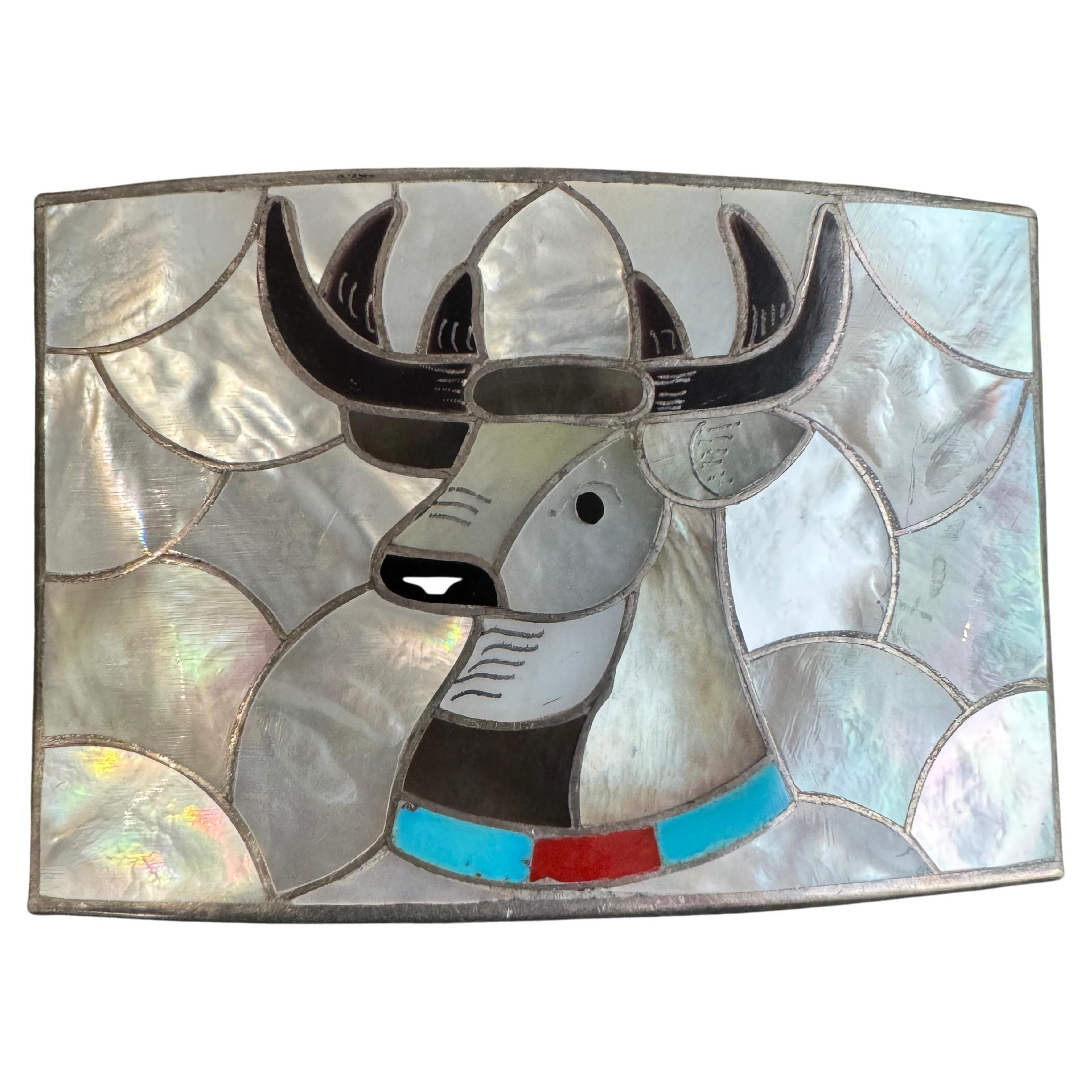 Boucle de ceinture Zuni Moose en argent sterling avec boucle INLAY PORFILIO ANN SHEYKA Native American