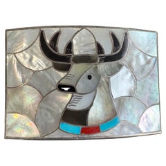 Boucle de ceinture Zuni Moose en argent sterling avec boucle INLAY PORFILIO ANN SHEYKA Native American